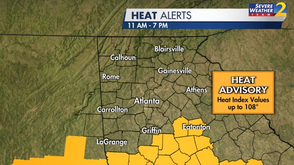 Heat advisory issued for multiple counties with heat index values up to 108 degrees possible