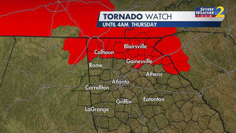 Tornado Watch issued for north Georgia counties until 4 a.m.