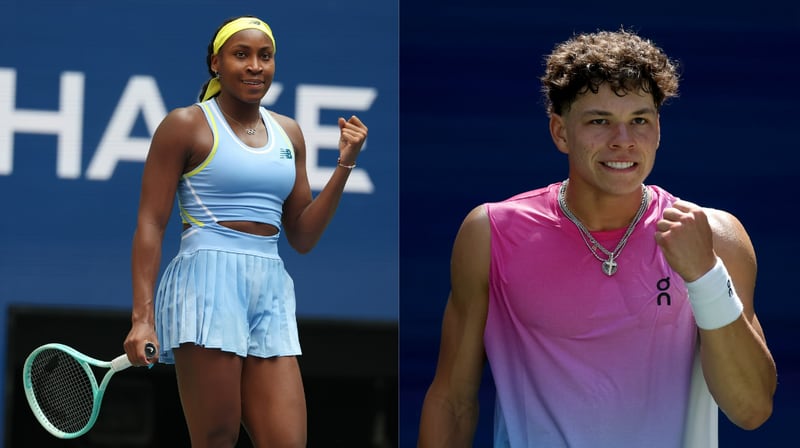 Coco Gauff (L) and Ben Shelton (R) celebrate wins in the first round of the U.S. Open