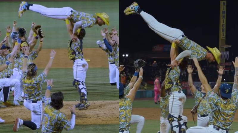 Savannah Bananas perform iconic "Dirty Dancing" routine during ball game.