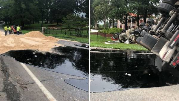 Thousands of gallons of tar, diesel spill out of flipped tanker in Pickens County