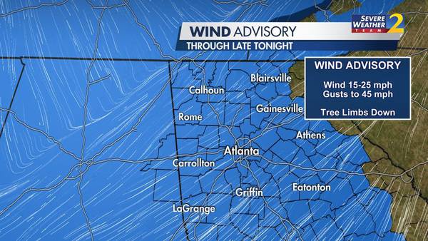 Isolated storms possible, wind advisory in effect today with gusts up to 45 mph