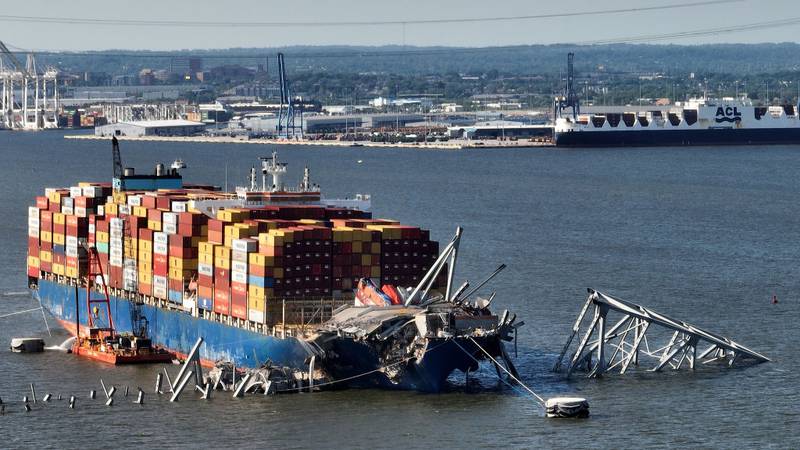 Container ship Dali in the Port of Baltimore after the ship hit the Francis Scott Key Bridge.