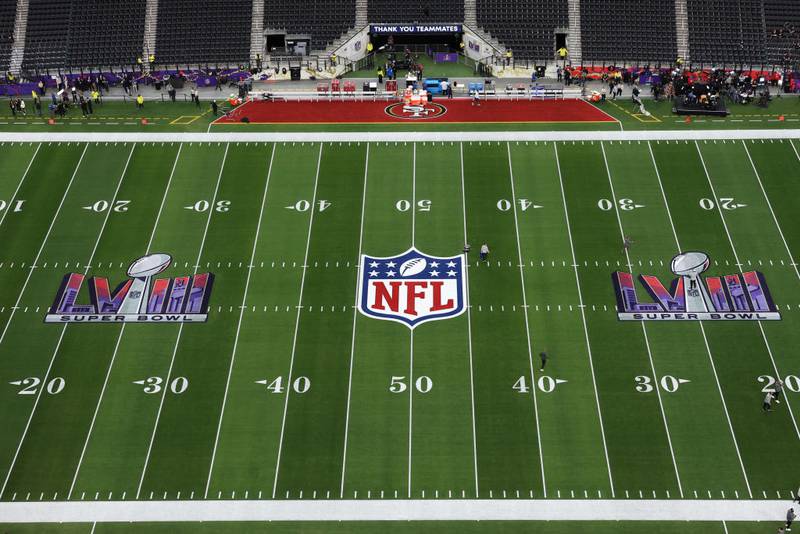 LAS VEGAS, NEVADA - FEBRUARY 11: A general view of the field before Super Bowl LVIII between the San Francisco 49ers and the Kansas City Chiefs at Allegiant Stadium on February 11, 2024 in Las Vegas, Nevada. (Photo by Rob Carr/Getty Images)