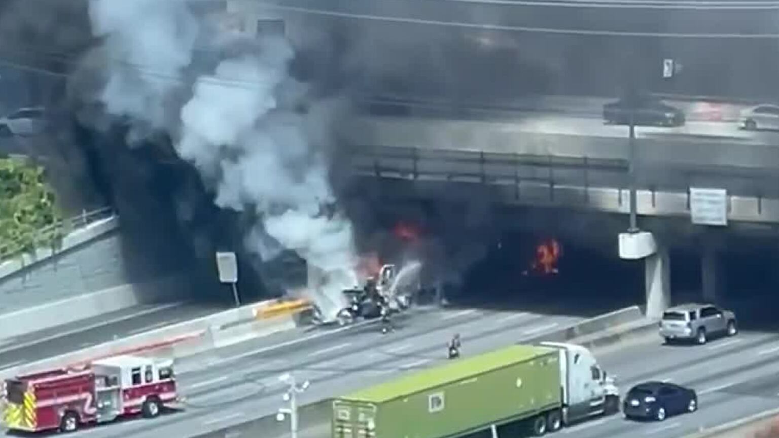 Crash, truck fire shuts down all lanes of I-285 in DeKalb County 