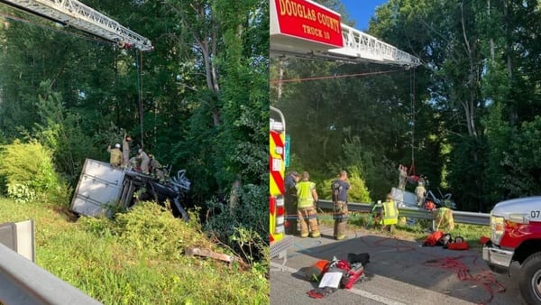 Crews spend an hour rescuing driver, passengers after box truck crashes on I-20