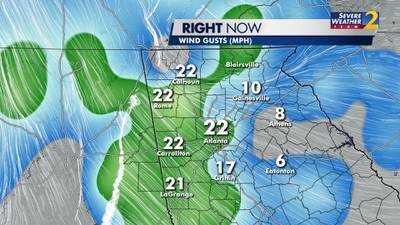 Heavy rain moving through metro Atlanta area, wind advisory in effect