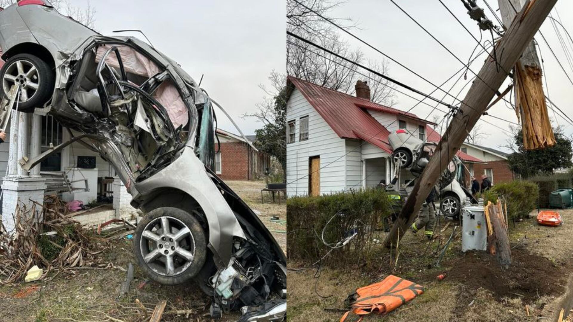 Five people were inside a car when it crashed and landed on a roof in Pulaski, Tennessee on Wednesday. Officials said they all survived.