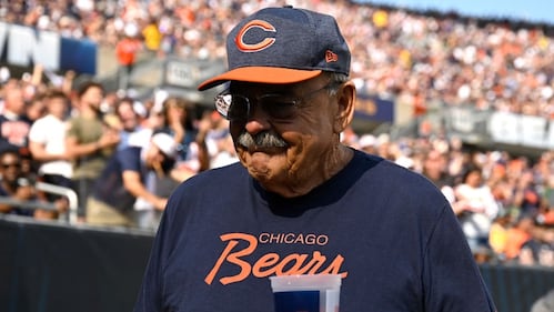 CHICAGO, ILLINOIS - SEPTEMBER 10: Former Chicago Bear Dick Butkus is seen on the sideline during the game between the Chicago Bears and the Green Bay Packers at Soldier Field on September 10, 2023 in Chicago, Illinois. (Photo by Quinn Harris/Getty Images)