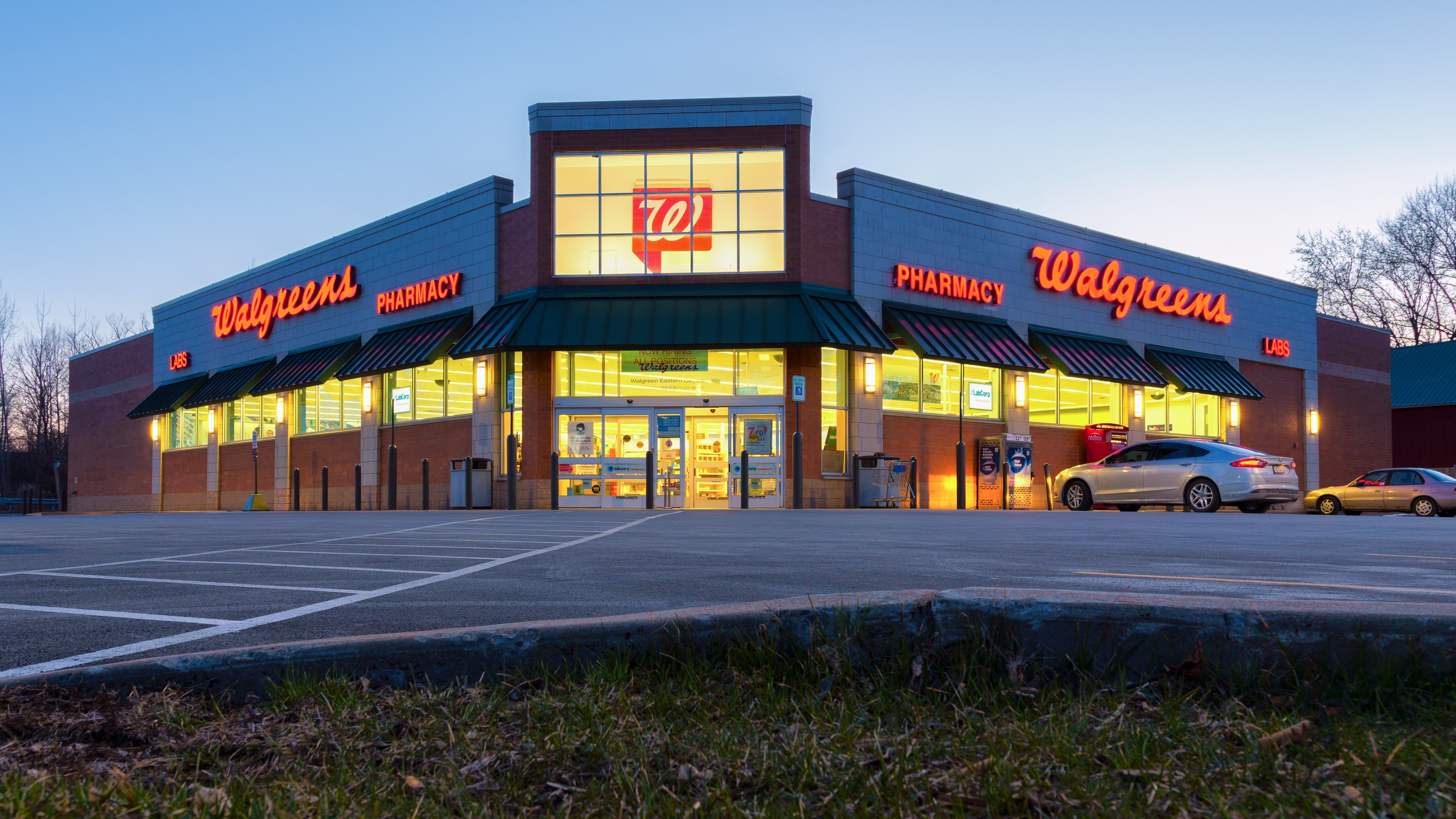 Landscape Night View of Walgreen's Pharmacy Building Exterior.