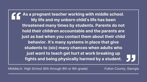 Cox Media Group gathered comments from teachers in Florida, Georgia, North Carolina, South Carolina, Ohio, Pennsylvania, Massachusetts, and Washington, about violence in the classroom.