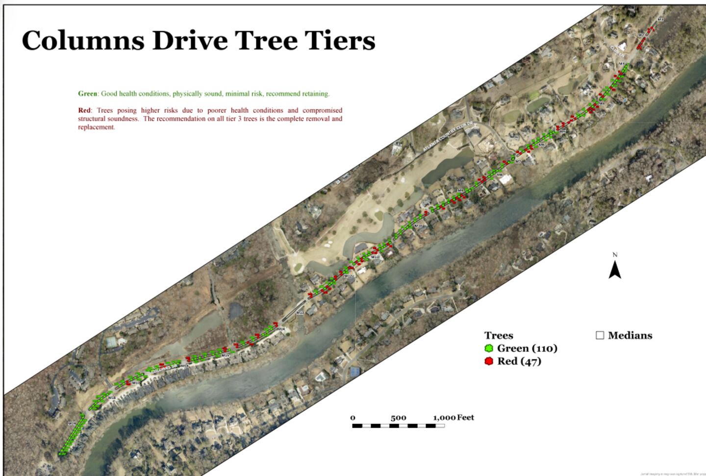 Photo show an aerial view of Columns Drive in Cobb County. Healthy trees that will remain are designated in green, while dying or dead trees are designated in red. The winding Chattahoochee River is seen south of the road.