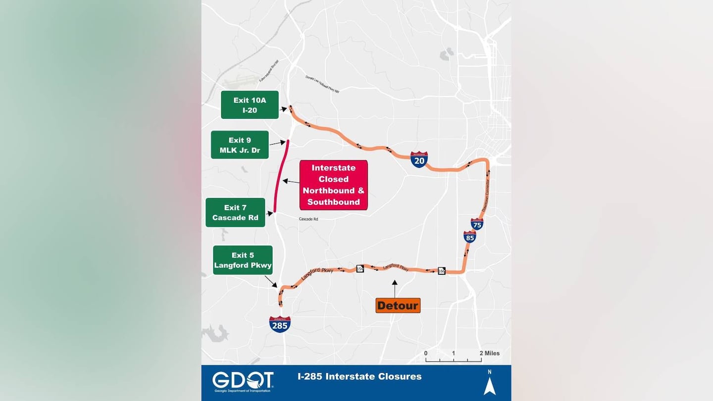 Georgia Department of Transportation has announced a construction closure of part of Interstate 285 in southwest Atlanta.