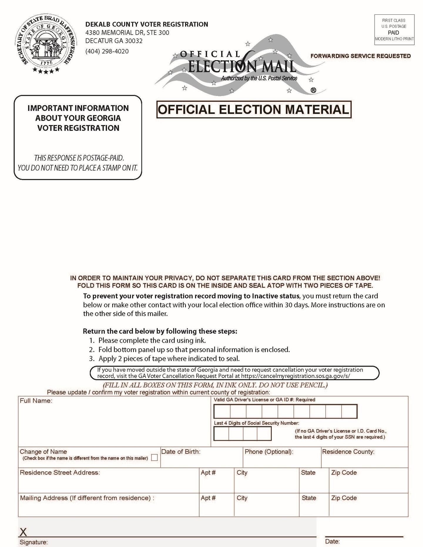 The “No Contact” mailer, which was initially distributed throughout the month of July, is sent to voters who have had no contact with their county elections office for at least five years. The NGE mailer, mailed in the same month, is sent to voters who have remained in “Inactive” status for two consecutive general election cycles.