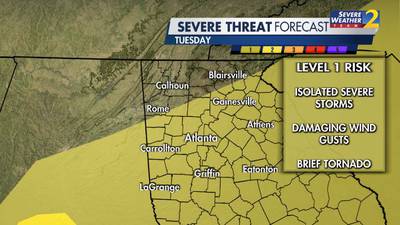 Level 1 risk for severe storms, isolated tornadoes across north Georgia on Tuesday